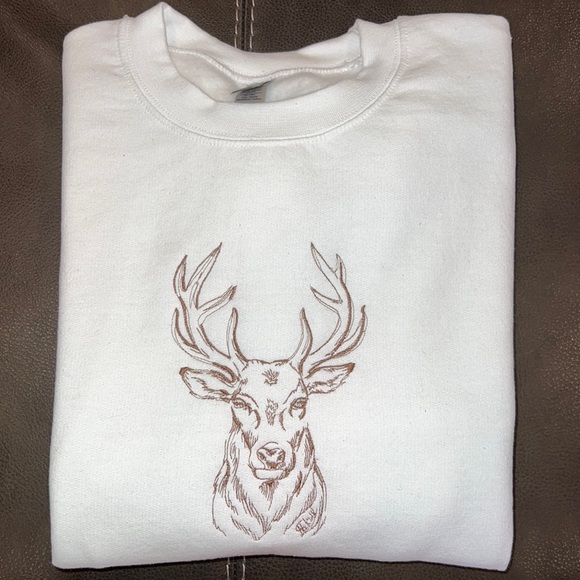 Deer Embroidery Crewneck White Sweater - Picture 2 of 5